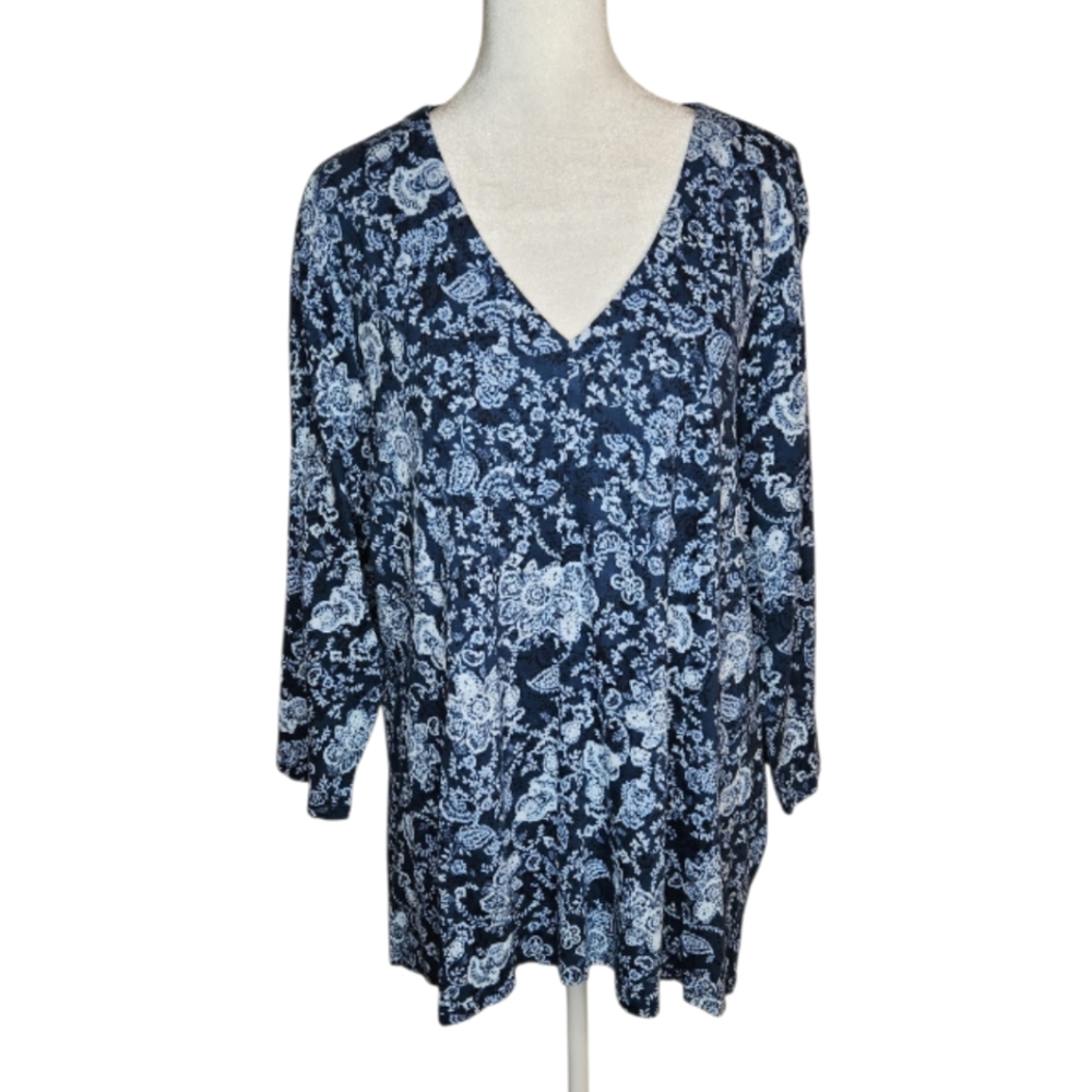 J Jill Pure Jill Blue Floral V Neck Tunic Size XL